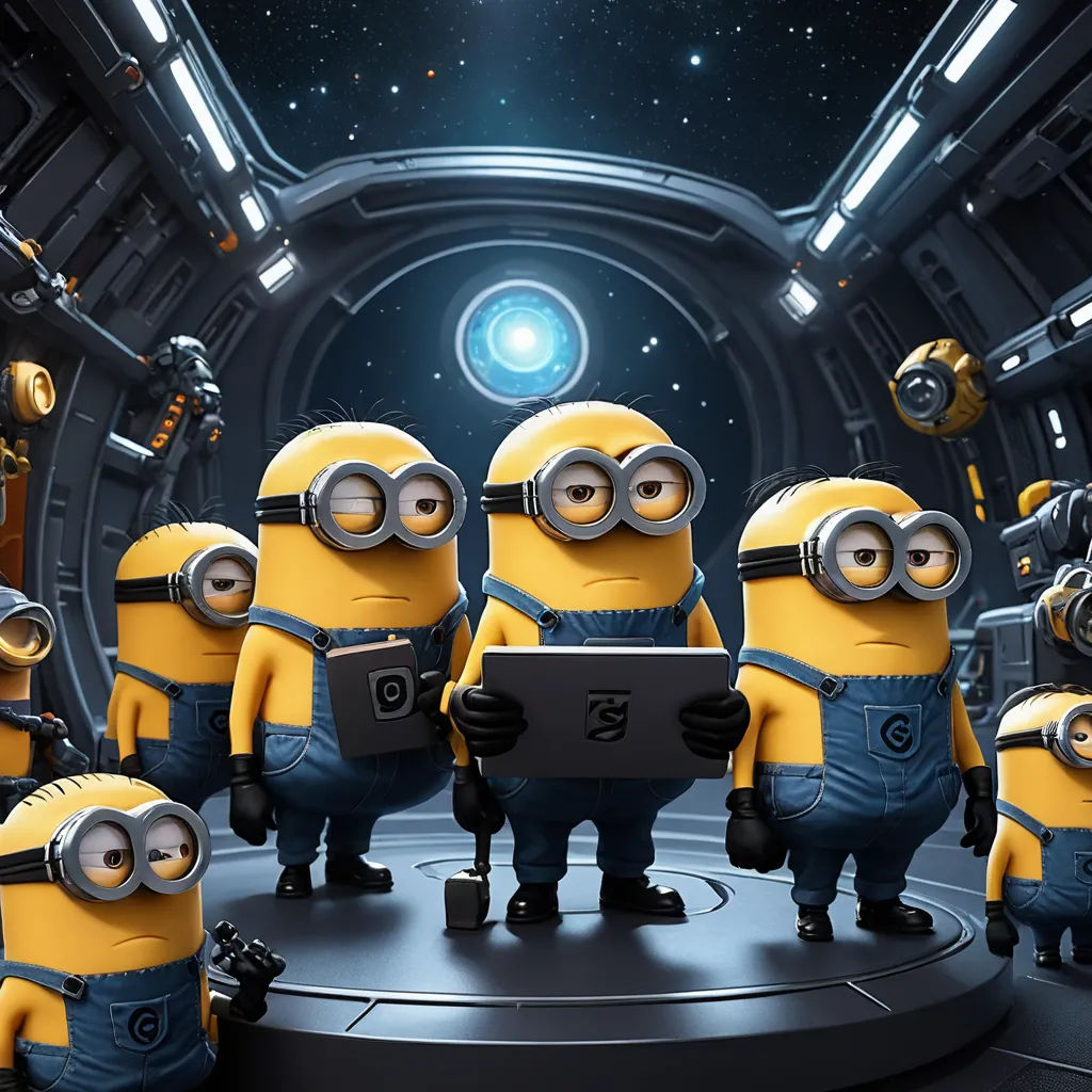 a group of minion characters standing in a room with a laptop computer in their hands and a space background, space art, an ambient occlusion render, Chris LaBrooy, unreal engine 5