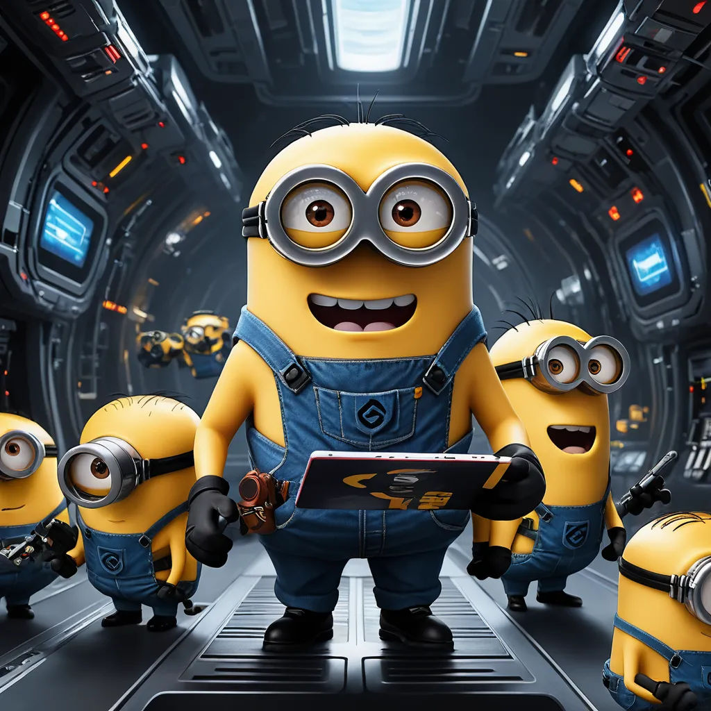 a group of minion characters are standing in a hallway with a tablet computer in their hands and looking at the screen, incoherents, computer graphics, Edward George Handel Lucas, imax 70 mm footage