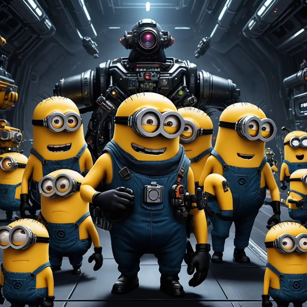a group of minion characters standing in front of a robot in a sci - fi fi fi fi fi fi fi fi fi fi fi fi fi fi fi fi fi fi fi fi fi fi fi fi fi fi fi fi, antipodeans, computer graphics, Edward George Handel Lucas, unreal engine 5