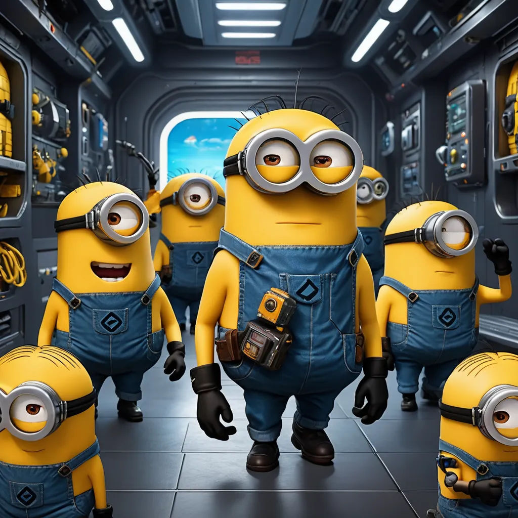 a group of minions walking down a hallway together in a scene from the movie despicable memes, incoherents, a stock photo, Didier Mouron, unreal engine 5