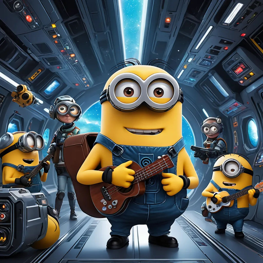 a minion with a guitar and some other minion characters in a sci - fi fi fi fi fi fi fi fi fi fi fi fi fi fi fi fi fi fi fi fi fi fi fi fi fi fi fi fi, rayonism, poster art, Edward George Handel Lucas, promotional image