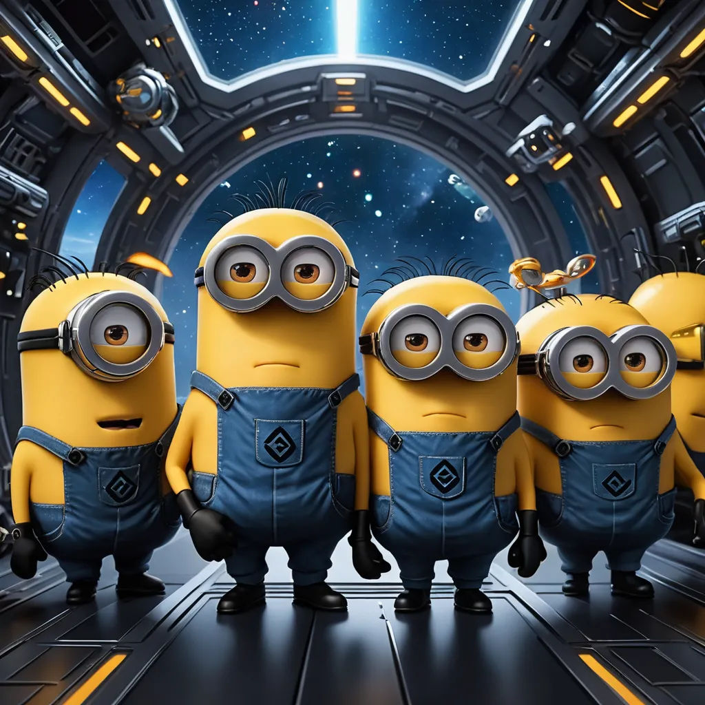 a group of minion characters standing in a space station with a view of the earth in the background, incoherents, computer graphics, Dom Qwek, 4k uhd image