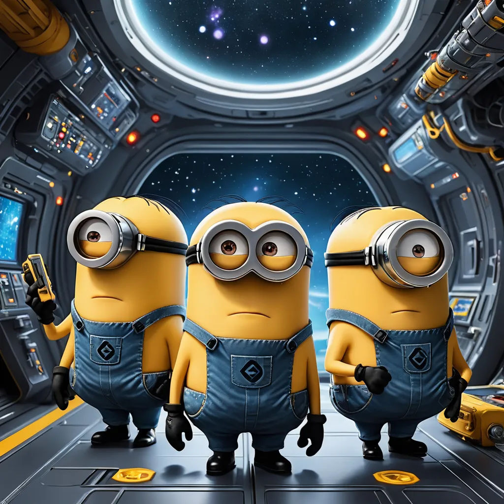 three minions from the movie despicable memes are standing in a space station with a view of the earth, space art, a detailed matte painting, Beeple, unreal engine 5