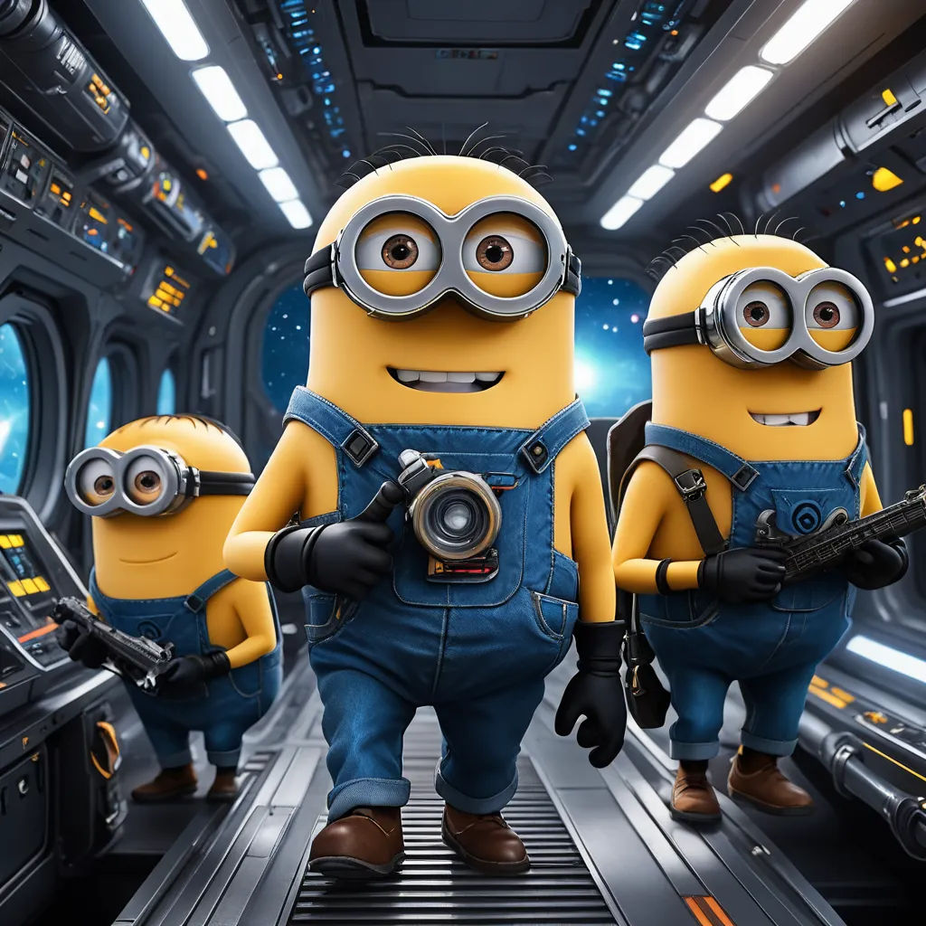 three minions from despicable me are walking down a flight of stairs in a sci - fi setting, rayonism, computer graphics, Beeple, 4k uhd image