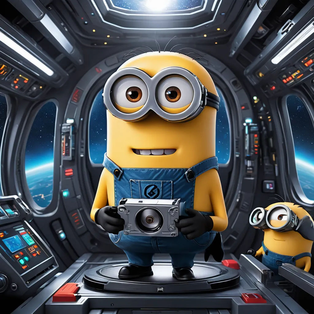 a minion holding a camera in a space station with a camera in his hand and another minion behind him, space art, computer graphics, Chris LaBrooy, imax 70 mm footage