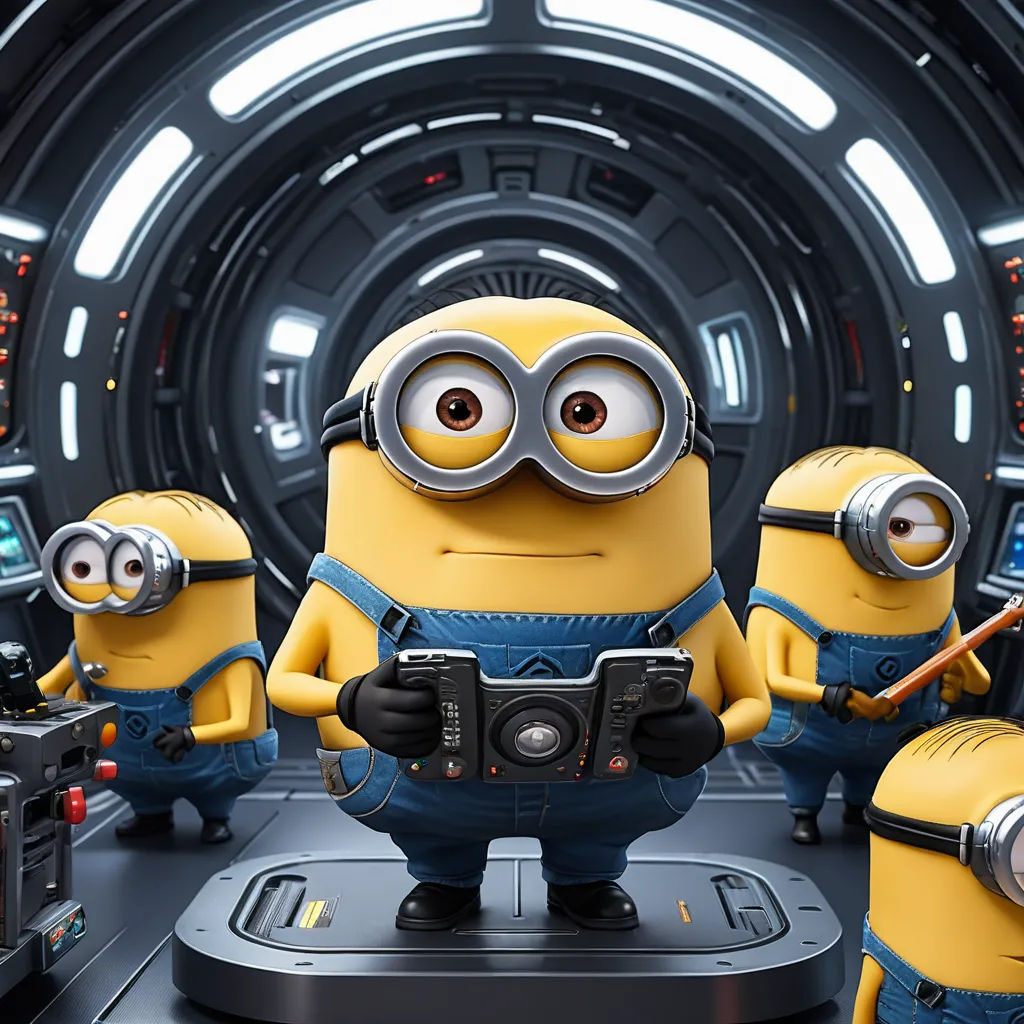 a group of minion characters standing in a room with a camera and a speaker on a stand with a light on, photorealism, an ambient occlusion render, Edward George Handel Lucas, unreal engine 5