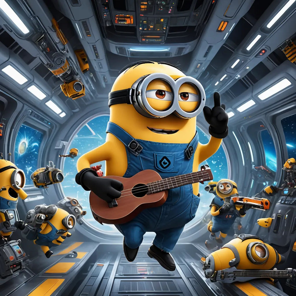 a minion with a guitar and some other minion characters in the background, all in space,, space art, an ambient occlusion render, Edward George Handel Lucas, promotional image