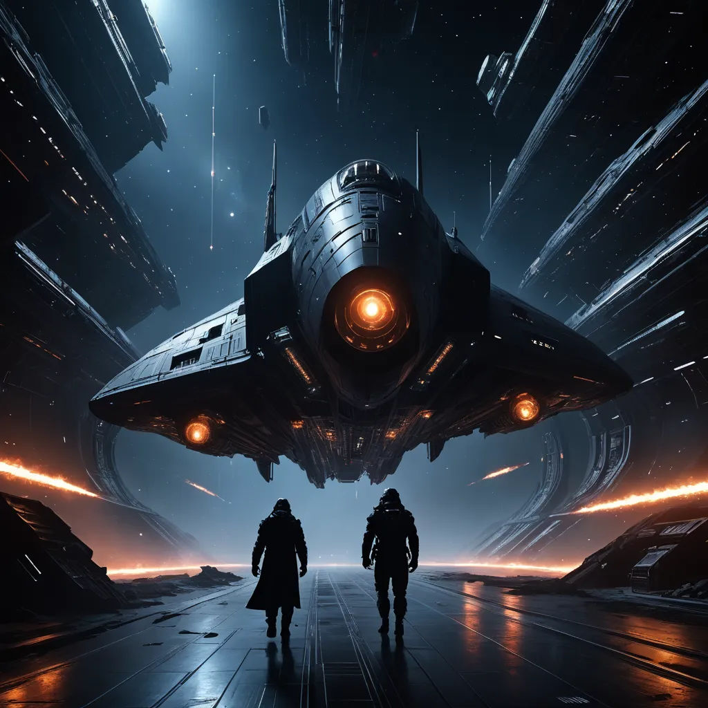 two people walking towards a spaceship in a sci - fi world of warcraft game, with lights on, space art, concept art, Eve Ryder, star citizen halo