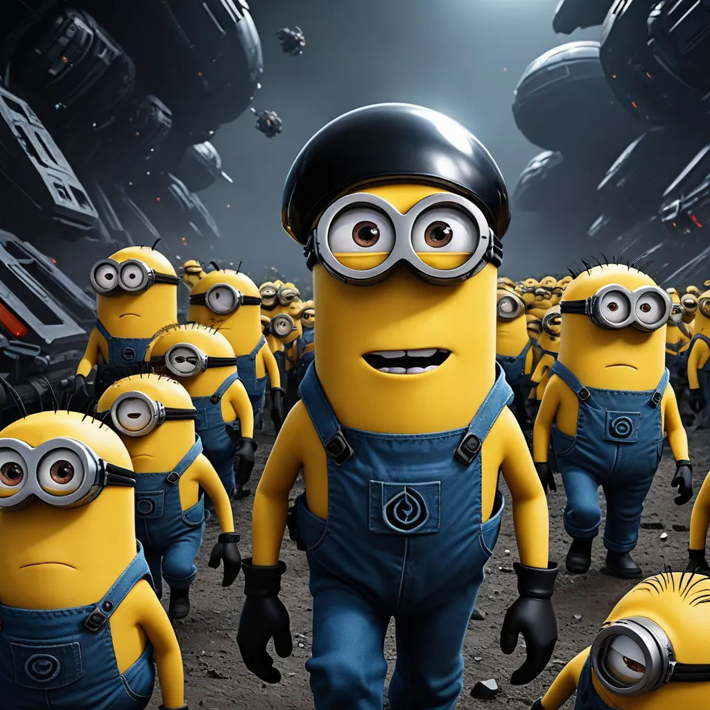 a bunch of minion characters walking in a line together in a movie scene with a dark background and a full moon, incoherents, an ambient occlusion render, David Young Cameron, unreal engine 5