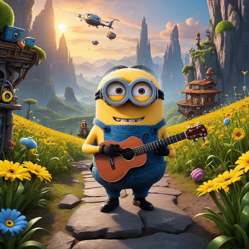 a minion playing a guitar in a cartoon scene with a bird and a birdhouse in the background, rayonism, a detailed matte painting, Chris LaBrooy, unreal engine 5