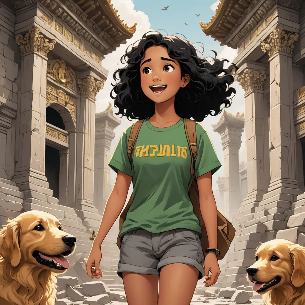 a girl walking two dogs in front of a building with a sky background and a bird flying overhead in the sky, magical realism, a storybook illustration, Cliff Childs, comic cover art