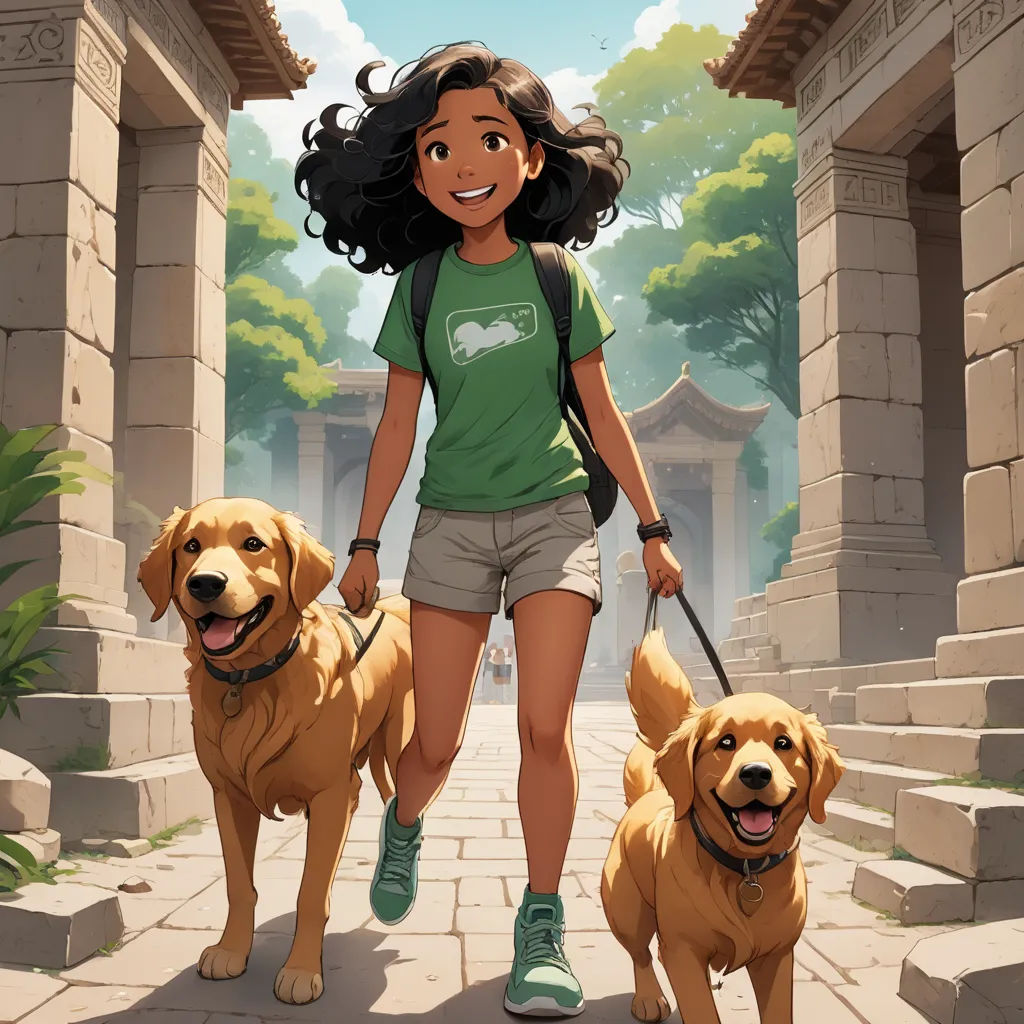 a girl walking two dogs down a street in front of a building with a pagoda on the other side, furry art, concept art, Chen Hong, key art