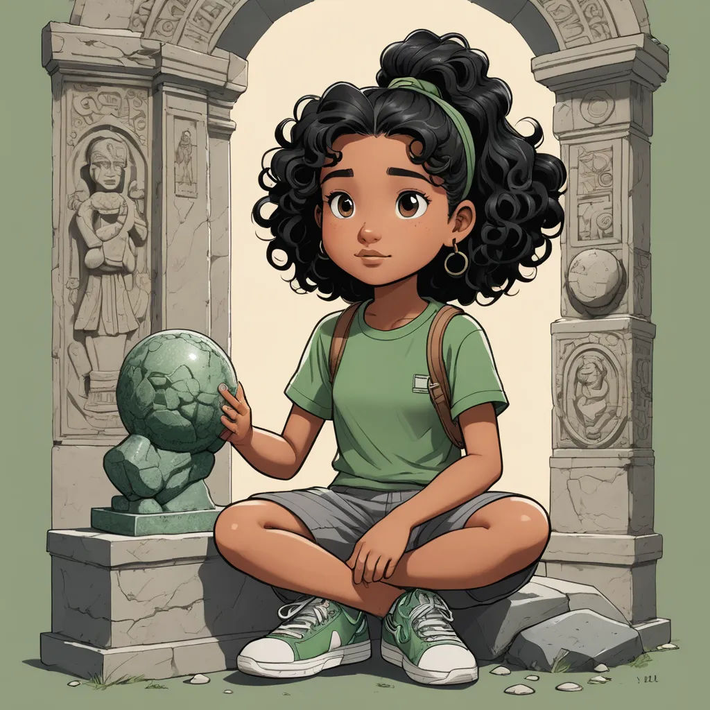 a girl sitting on a stone step next to a statue of a head and a green vase with a plant in it, fantasy art, a statue, Cliff Childs, comic cover art