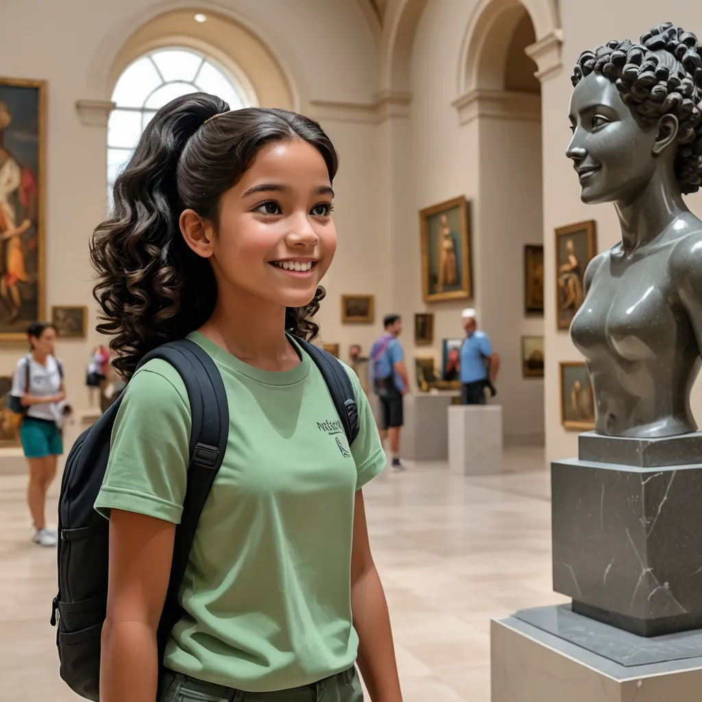 a girl standing next to a statue of a woman in a museum with other people in the background and a large window, american barbizon school, a bronze sculpture, artist, promotional image