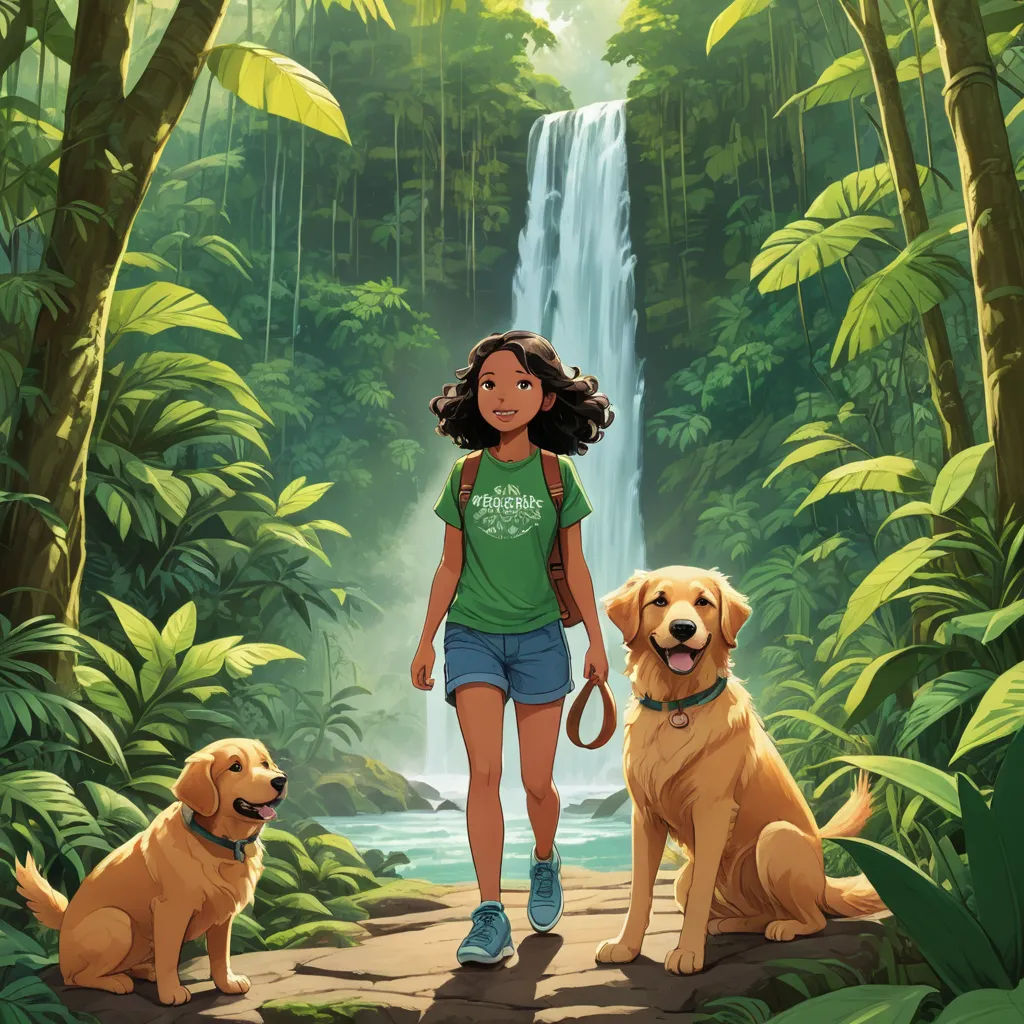 a girl and two dogs are standing in front of a waterfall and a waterfall is in the background with a waterfall, process art, a storybook illustration, Cliff Childs, key art