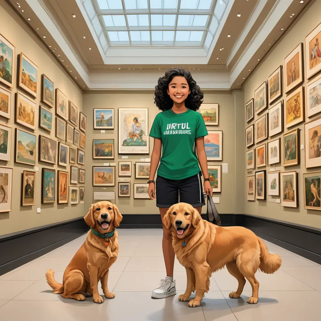 a woman standing next to two dogs in a room with paintings on the walls and a skylight overhead, american barbizon school, a storybook illustration, F Scott Hess, highly detailed digital painting