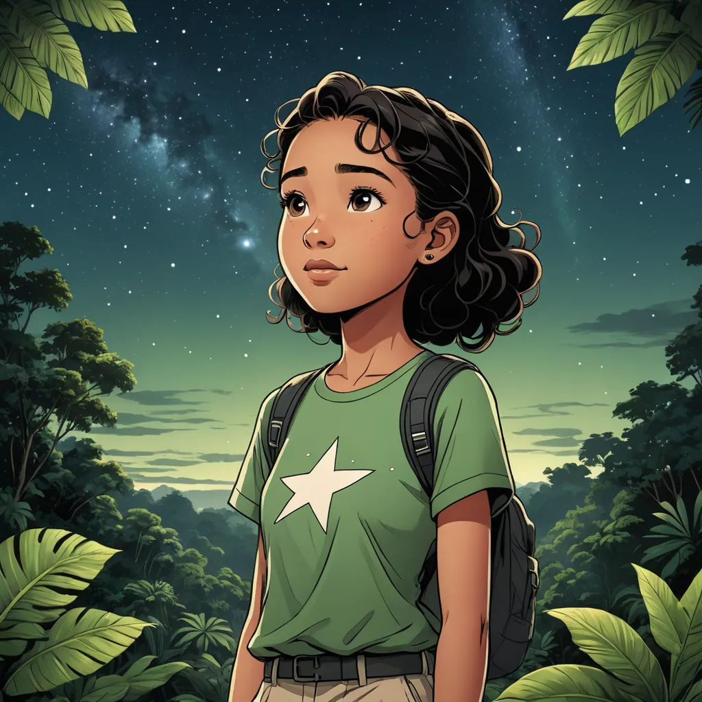 a young girl standing in front of a forest with stars on her shirt and backpack on her shoulder, looking at the stars in the sky, space art, a character portrait, Cliff Childs, comic cover art