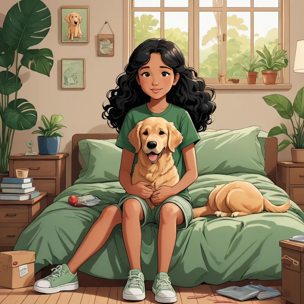 a girl sitting on a bed with a dog in front of her and a potted plant behind her, furry art, a storybook illustration, Elinor Proby Adams, storybook illustration
