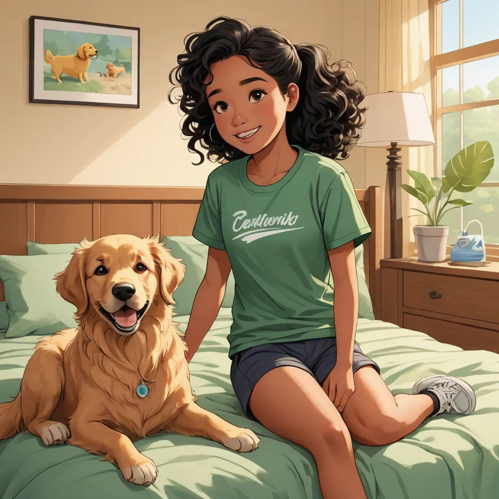 a woman sitting on a bed next to a dog on a bed with a green comforter and a picture of a dog, american scene painting, a character portrait, disney, kinkade
