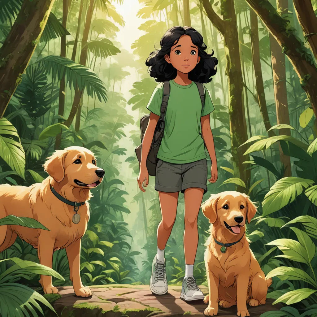 a girl and two dogs in a jungle setting with sunlight streaming through the trees and leaves on the ground, furry art, poster art, Cliff Childs, official art
