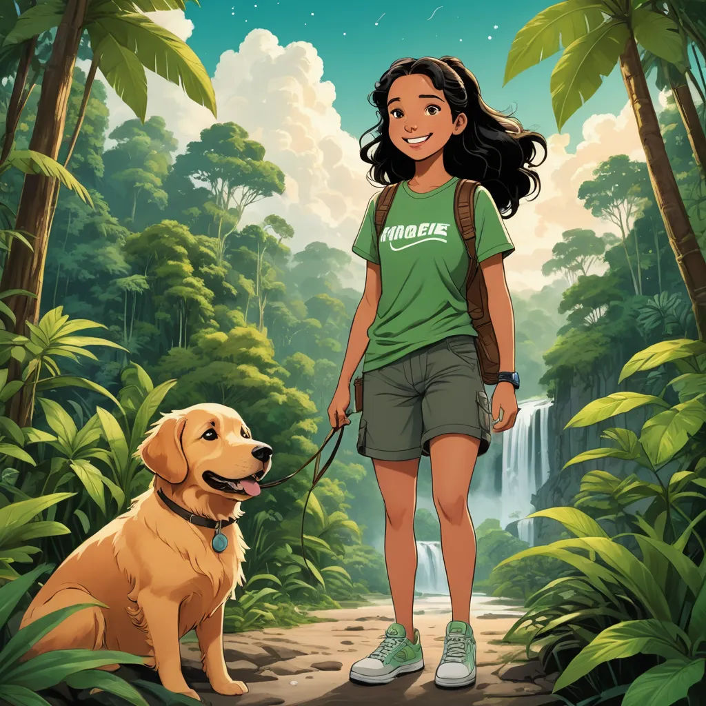 a girl with a dog in a jungle setting with a waterfall in the background and a waterfall in the foreground, process art, a character portrait, Cliff Childs, official art
