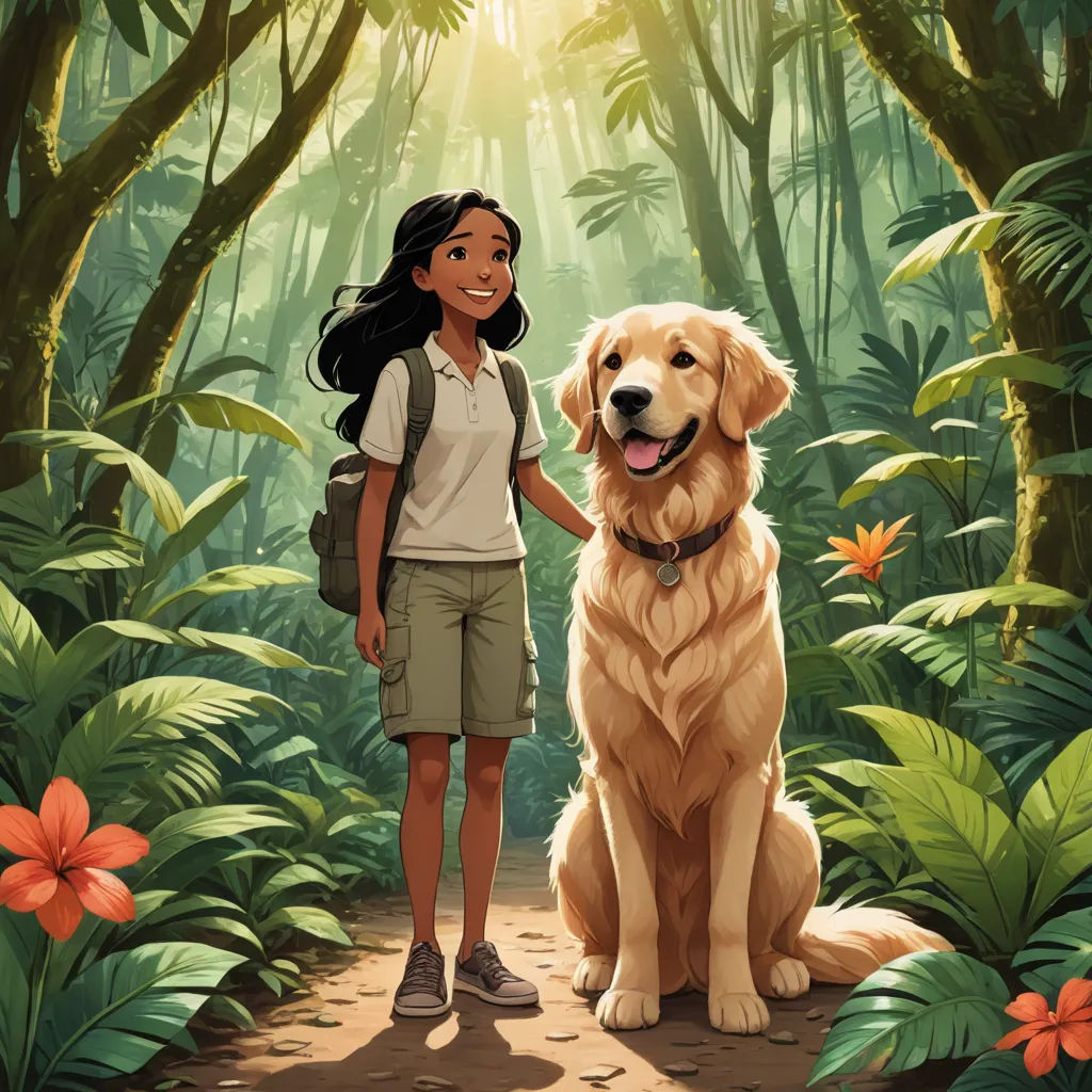 a girl and a dog standing in a jungle with a sun shining through the trees and flowers behind them, magical realism, a storybook illustration, Cliff Childs, comic cover art