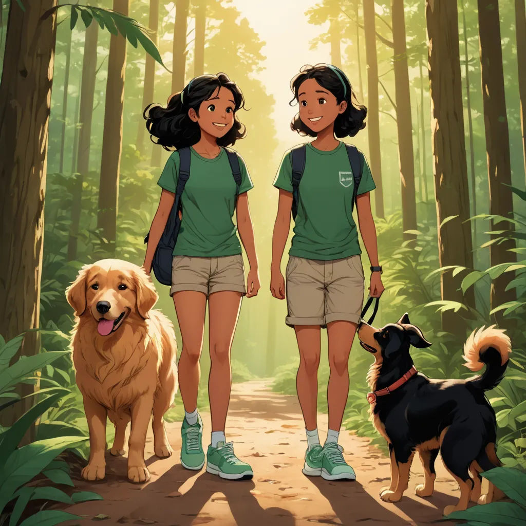 two girls and a dog standing in the woods with a trail in the background and sunlight shining through the trees, furry art, a storybook illustration, Brothers Hildebrandt, comic cover art
