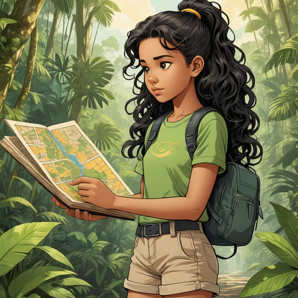 a girl is holding a map in a jungle setting with a backpack on her shoulder and a backpack on her shoulder, fantasy art, a character portrait, Cliff Childs, official art