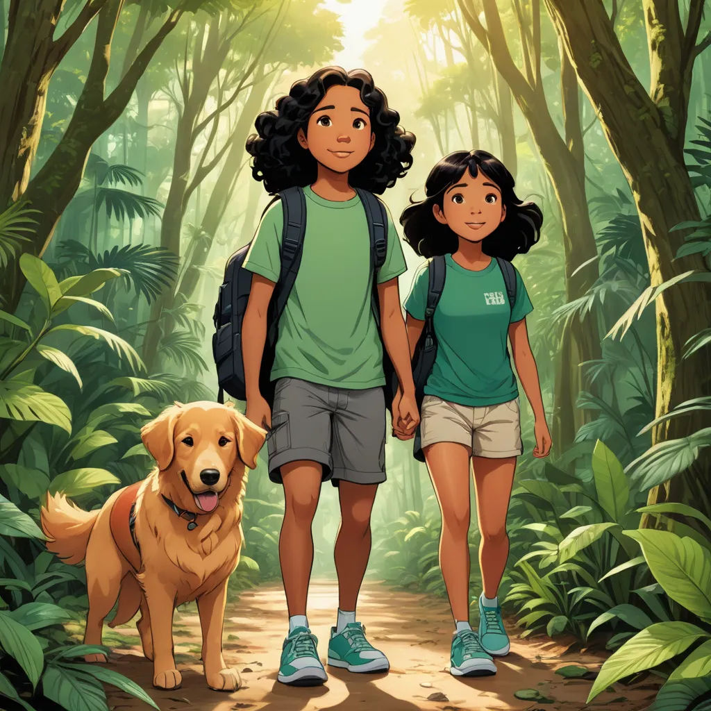 a boy and a girl are walking in the woods with a dog on a leash behind them, and a dog is on the ground, process art, poster art, Cliff Childs, promotional image