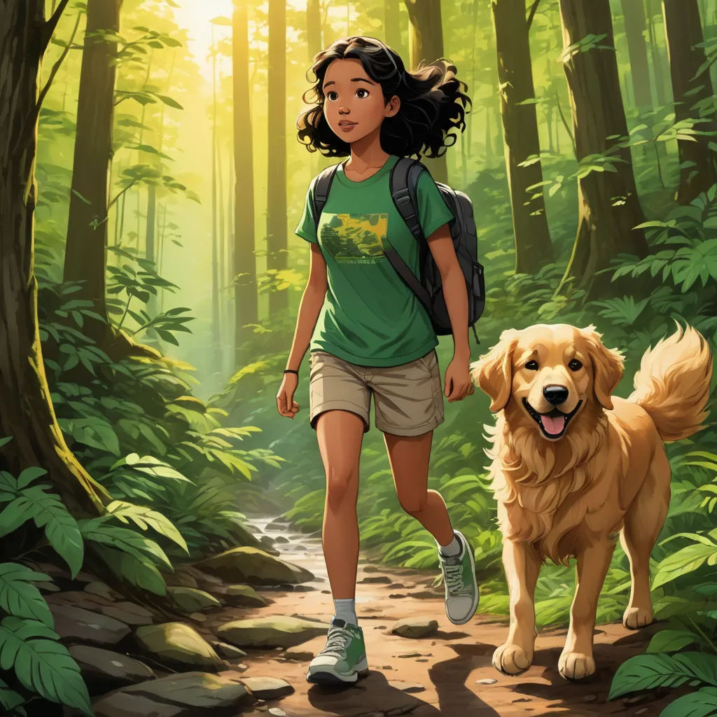 a girl and a dog are walking through the woods together in the sunlight, with a trail in the background, magical realism, a storybook illustration, Elinor Proby Adams, key art