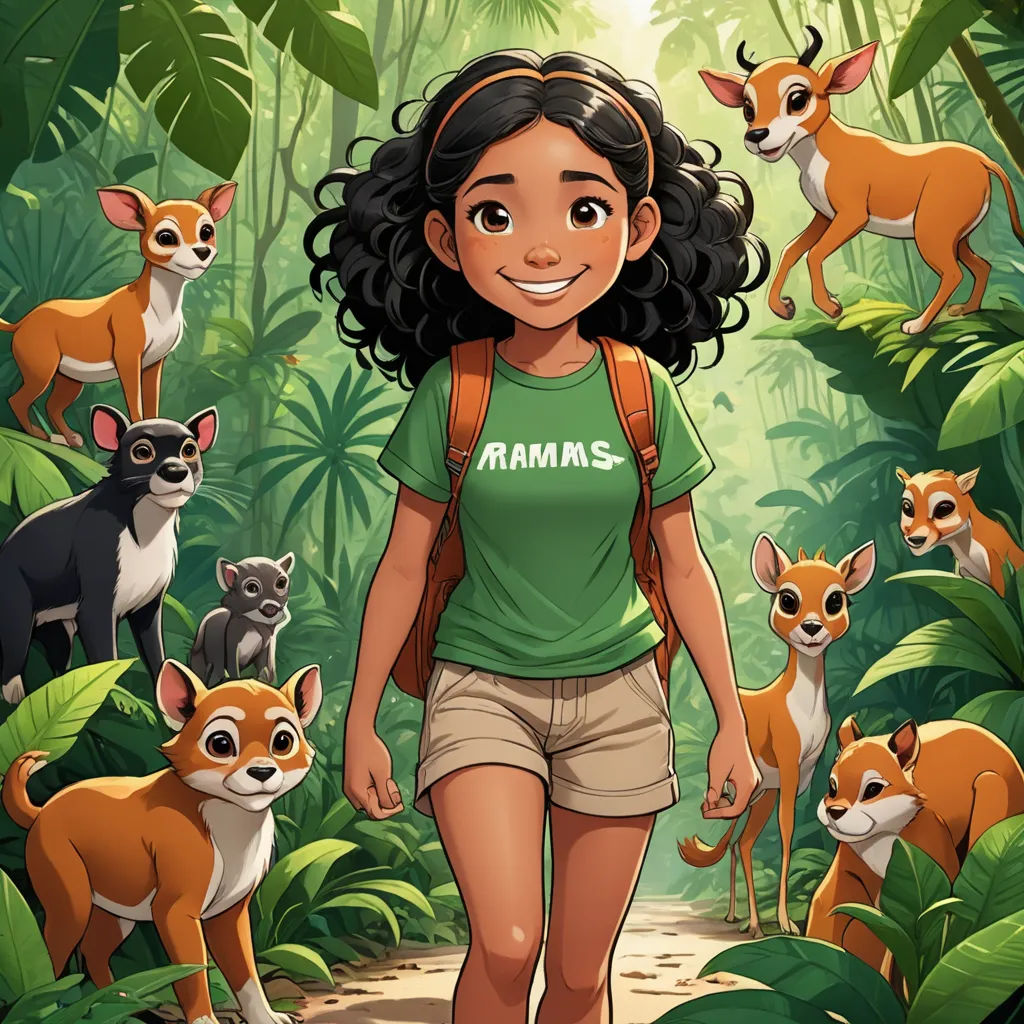 a girl in a green shirt and some animals in the jungle with a backpack on her back and a backpack on her shoulder, furry art, a character portrait, Ella Guru, promotional image