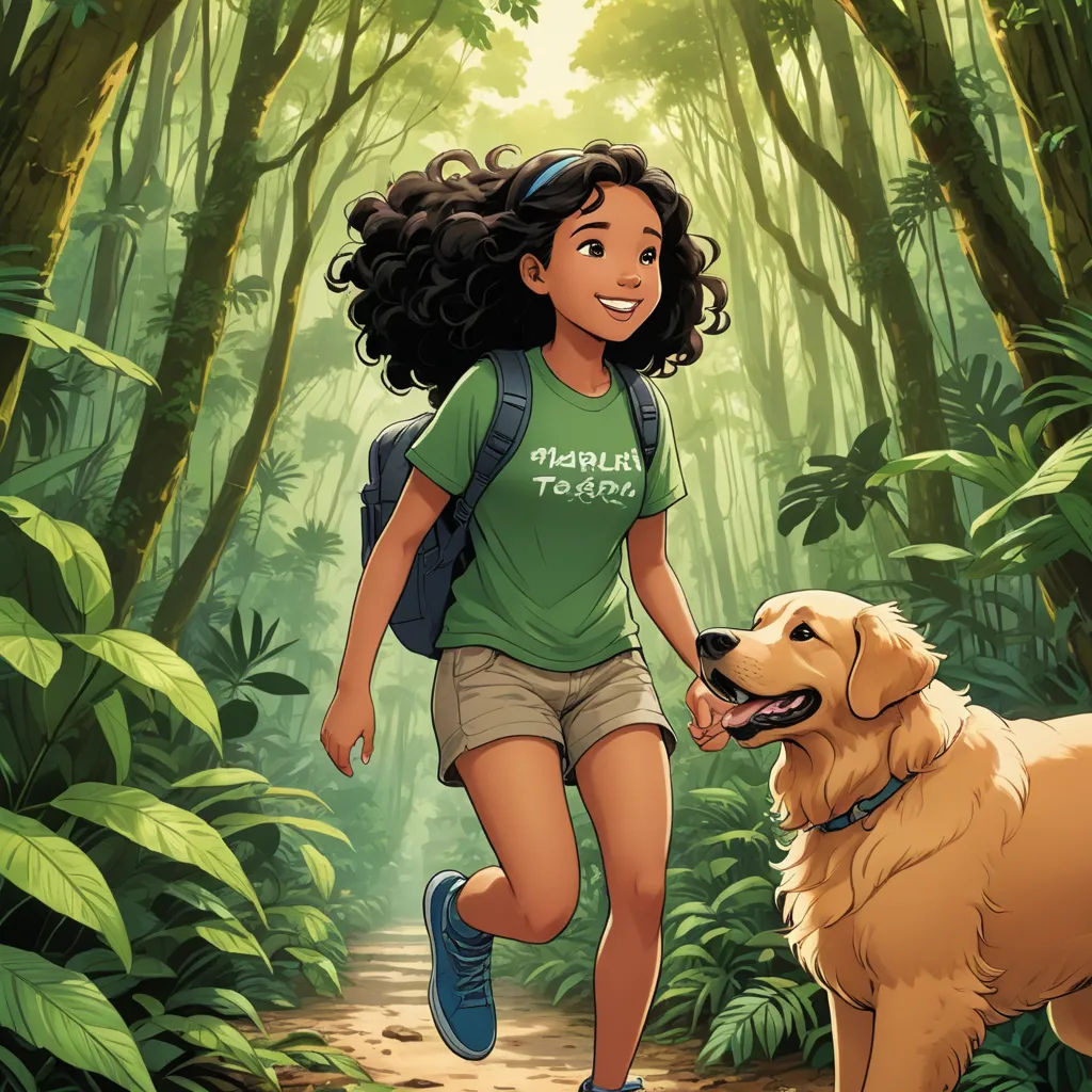 a girl running with a dog in the woods on a trail in the woods with trees and plants on either side of her, process art, a storybook illustration, Ella Guru, comic cover art