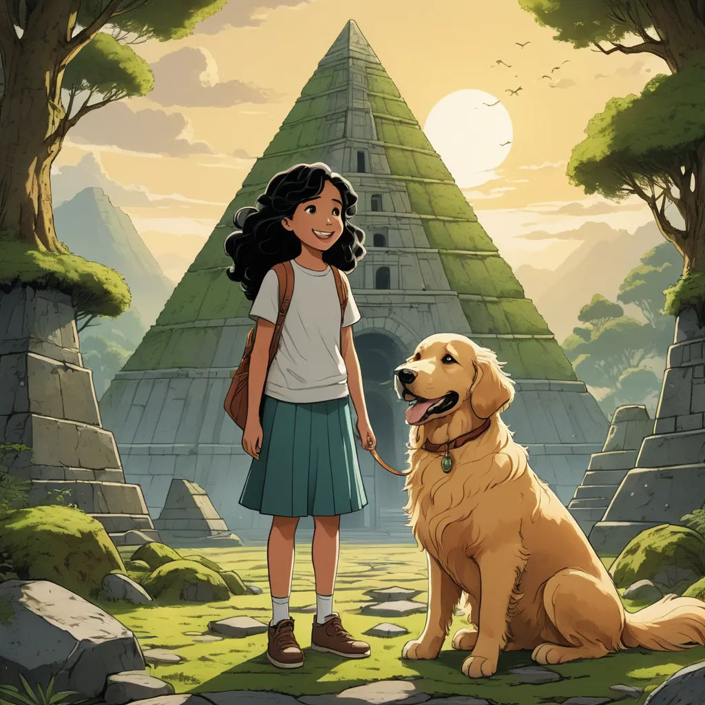 a girl and a dog standing in front of a pyramid with a sun in the background and a person standing next to it, furry art, a storybook illustration, Cliff Childs, comic cover art