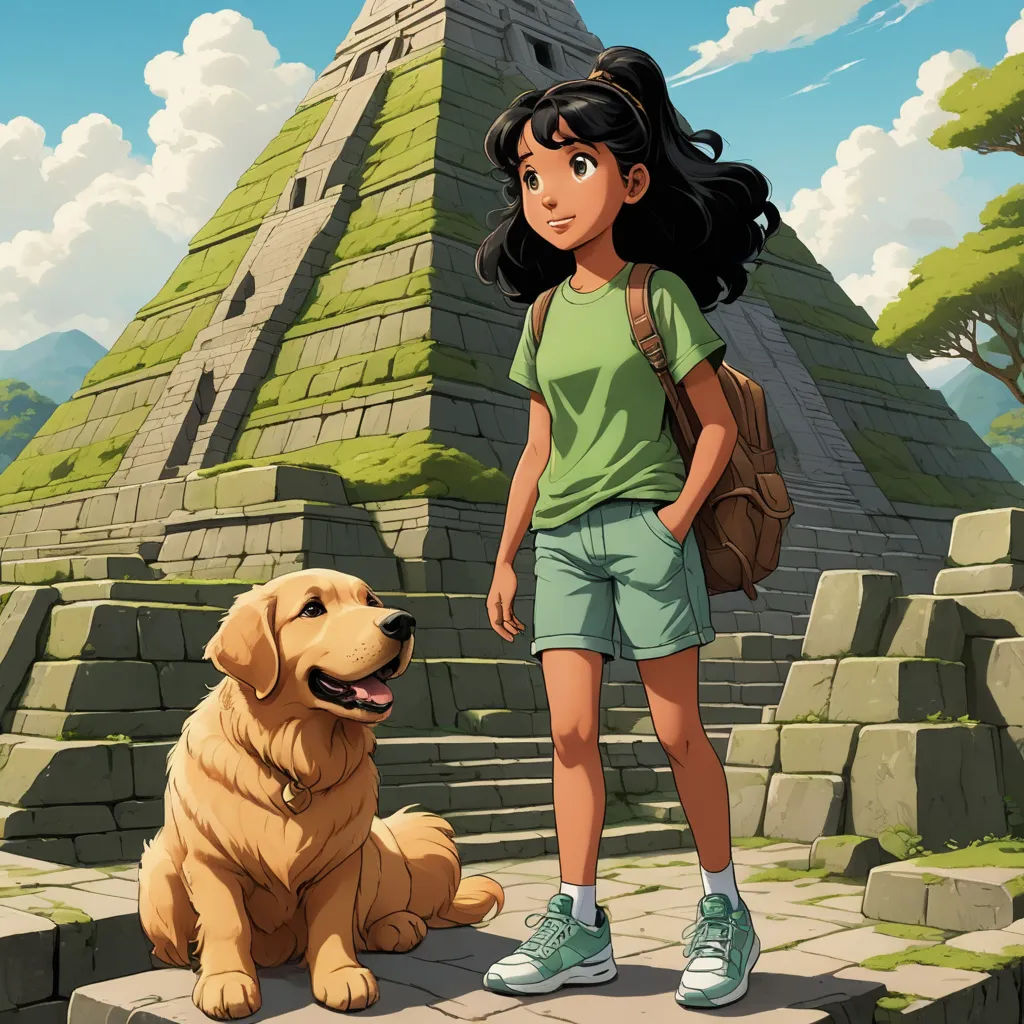 a girl and a dog standing in front of a pyramid with a sky background and clouds in the sky, serial art, poster art, Cliff Childs, promotional image