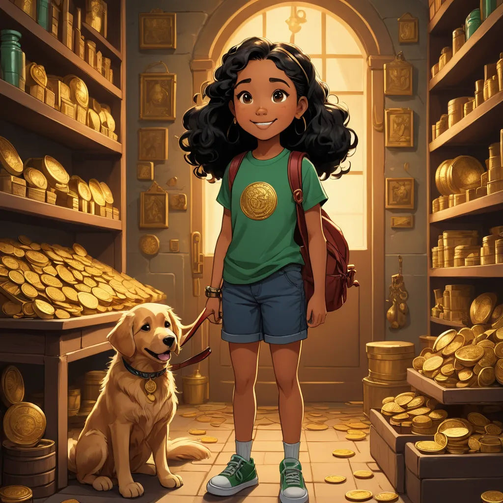 a girl with a backpack and a dog in a room full of gold coins and a window with a gold coin, sots art, a storybook illustration, Cliff Childs, official art