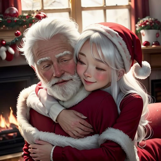 a man and a girl hugging each other in front of a fireplace with christmas decorations on it and a christmas tree