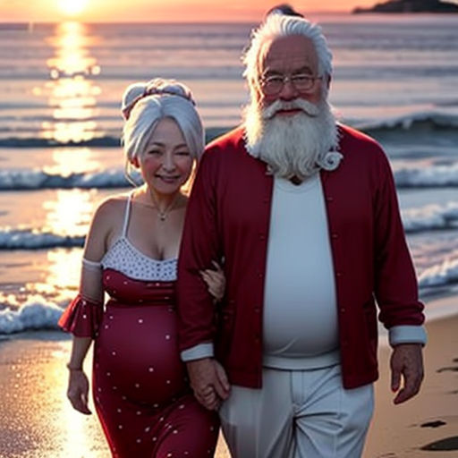 a pregnant woman and a man walking on the beach at sunset with the sun setting behind them and the ocean in the background
