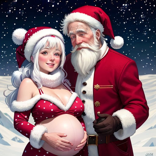 a painting of a man and woman dressed as santa claus and holding a pregnant belly in the snow with a snow covered background