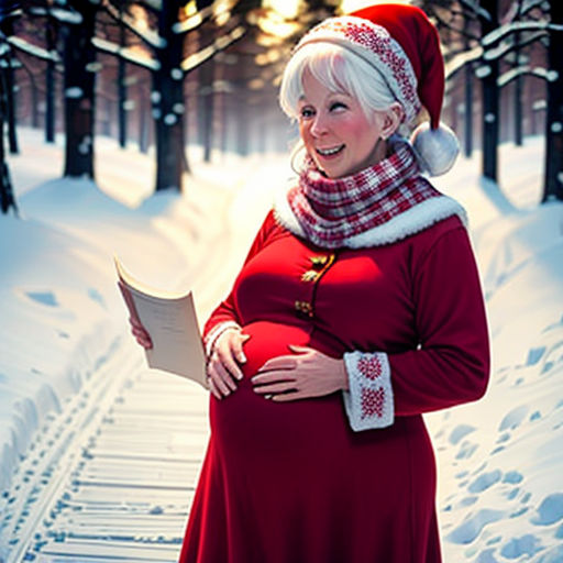 a pregnant woman in a red dress and santa hat is standing in the snow with a book in her hand