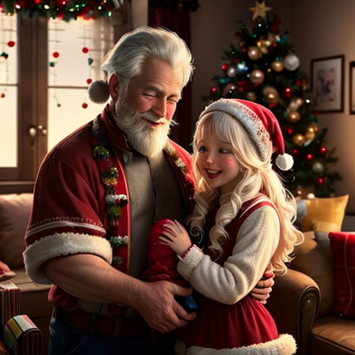 a man and a little girl are dressed up for christmas in a living room with a christmas tree and a christmas tree