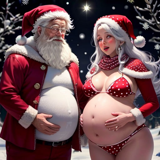 a pregnant santa clause standing next to a man in a santa suit and a woman in a bikini suit