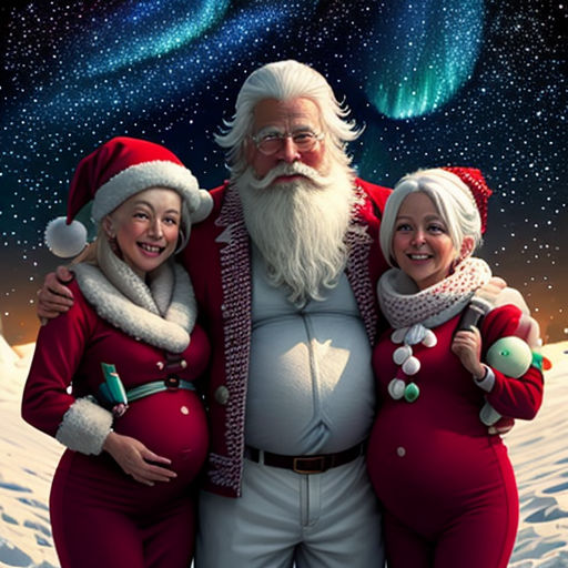 a painting of santa and two women in red outfits standing in the snow with a sky background with stars