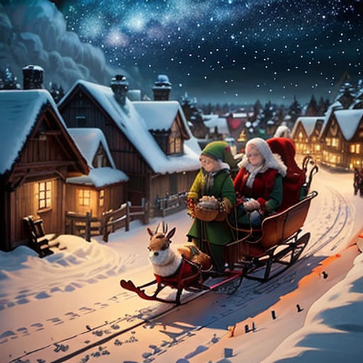 a painting of santa and his reindeer pulling a sleigh through a snowy village at night with a star filled sky
