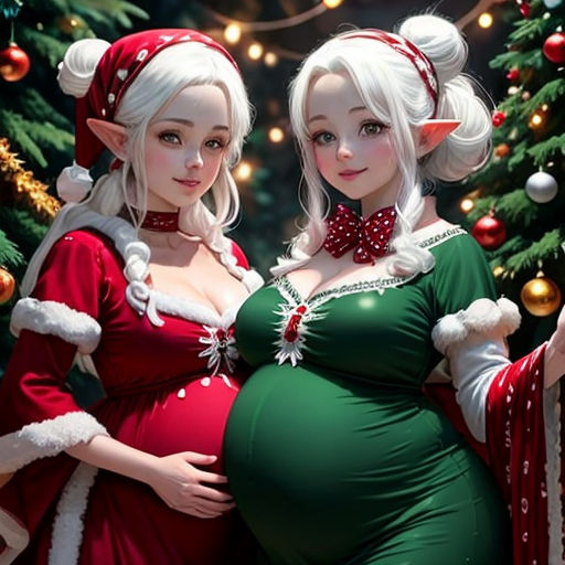 a couple of women dressed in christmas costumes standing next to a christmas tree with a baby bump on her belly