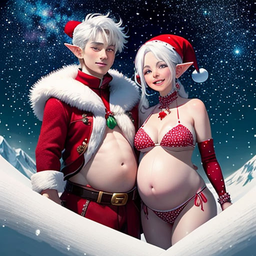 a couple of people in santa costumes standing next to each other in the snow with a santa hat on