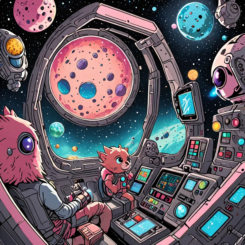 a cat sitting in a space station with a cat on the ground and a cat on the ground looking at a computer screen, space art, a comic book panel, Chris LaBrooy, josan gonzales and dan mumford