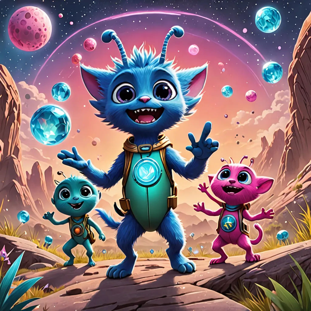 a group of cartoon characters standing on a rock in the desert with bubbles in the sky above them and a planet in the background, space art, concept art, Chris LaBrooy, key art