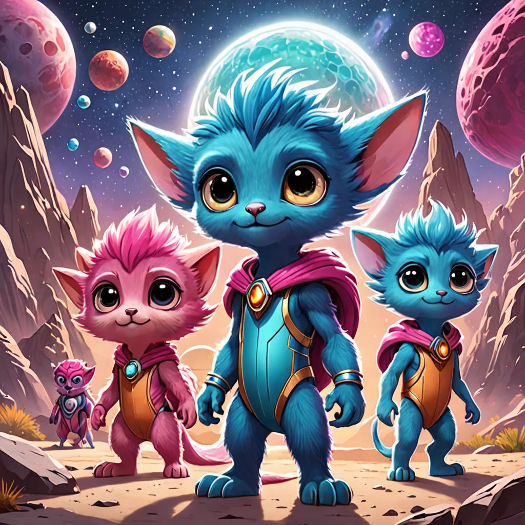 a group of cats standing on top of a desert covered ground next to a moon filled sky with planets, space art, concept art, Alejandro Burdisio, key art