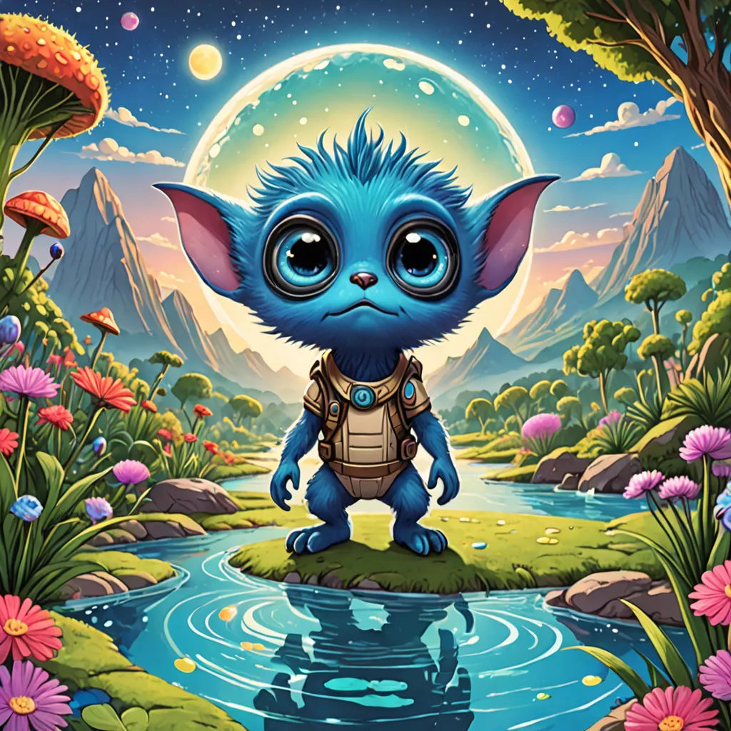 a blue cartoon character standing in front of a pond of water and flowers with a full moon in the background, fantasy art, a character portrait, ESAO, league of legends splash art