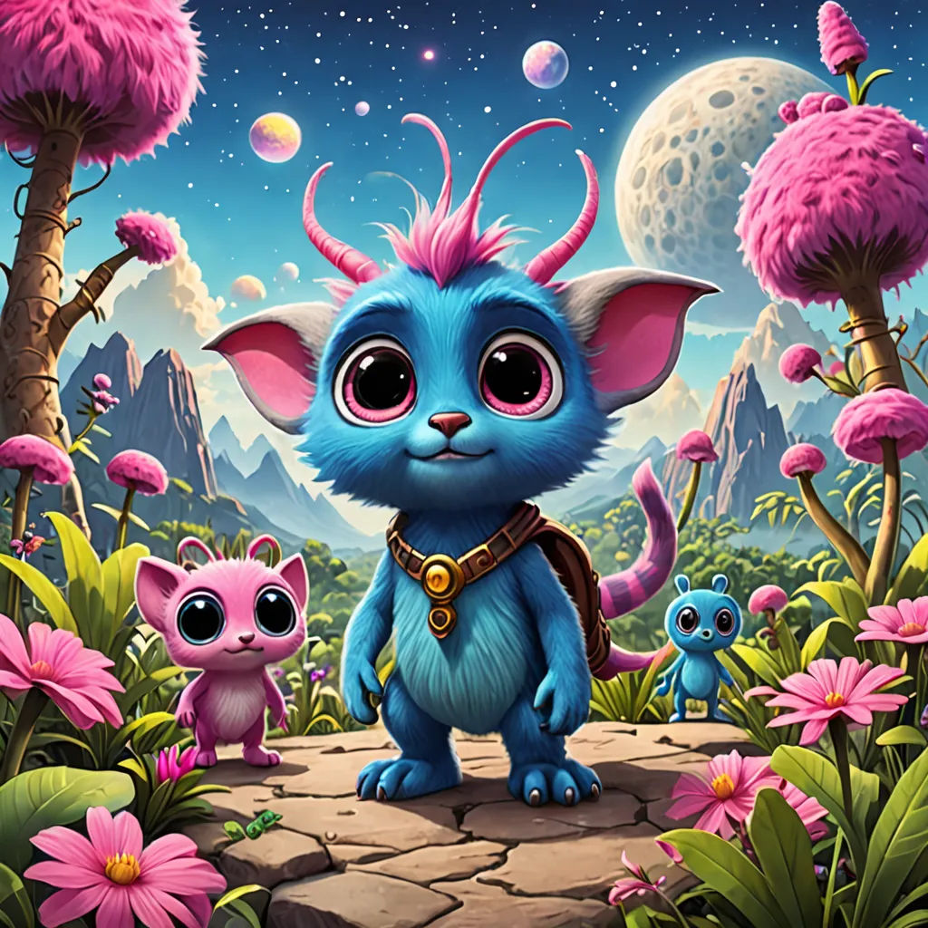 a cartoon character with pink hair and a blue cat standing in a field of flowers and plants with a moon in the background, fantasy art, a character portrait, Chris LaBrooy, key art